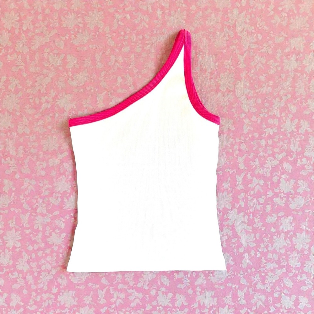 New XS White One Shoulder Ribbed Tank Top Pink Trim Y2K 90's Britney Cotton